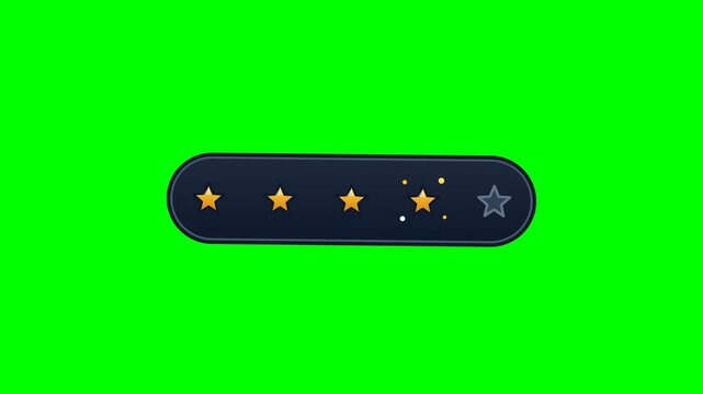 Animated four star rating display with golden yellow icons on a dark button over a green screen background for professional video compositing projects