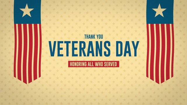 Thank You Veterans Day Honoring All Who Served Text Animation with Hanging Patriotic Flag Banners on Vintage Star Texture