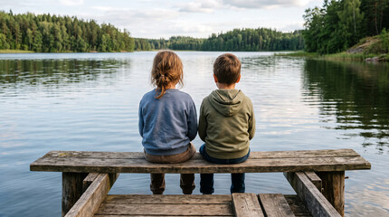Fototapeta premium Two children seen from behind sitting close together on a wooden dock at a calm lake