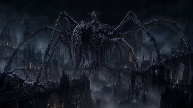 Colossal Eldritch Spider Over Ruined Gothic City