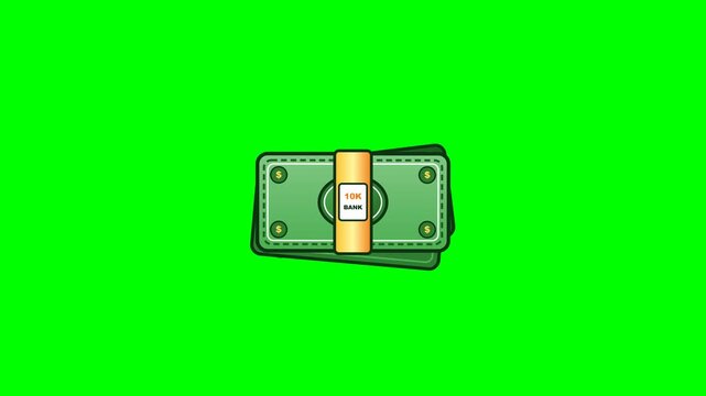Elastic bouncing bundle of green cash money bills animation on a bright green screen background for financial success and wealth concepts.