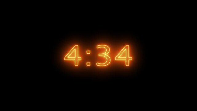 5 minutes countdown timer animation with glowing neon on black background with alpha channel. Cyan neon digital number clock timer animation.