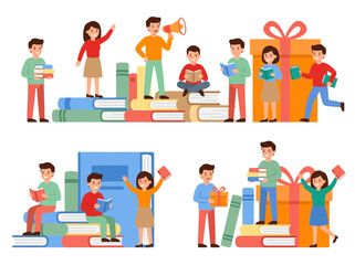 Fototapeta premium Diverse Group of People Reading and Sharing Books Vector Illustration Concept