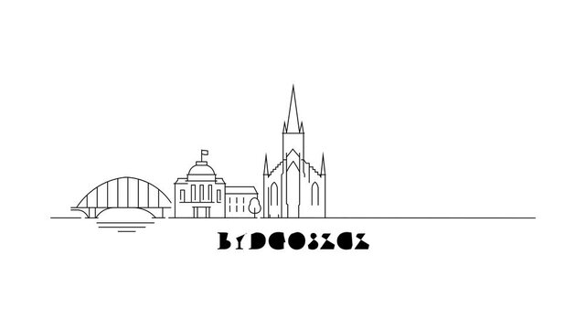Simple line art shows the skyline of Bydgoszcz
