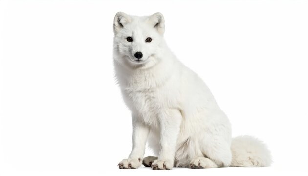 A pristine white fox sits regally, gazing forward against a clean white background