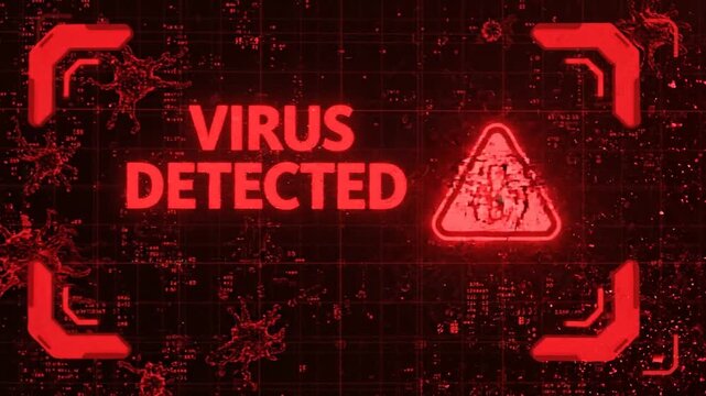Virus detected warning alert animation on red digital grid screen