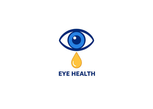 A conceptual medical and healthcare vector logo featuring a stylized blue eye with a yellow tear drop and the text eye health for optometry and wellness concepts