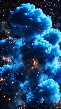 Cosmic Explosion with Blue Smoke and Orange Sparks in Space - A vibrant blue nebula or cosmic explosion dominates the frame, swirling with luminous orange sparks and particles against a dark,