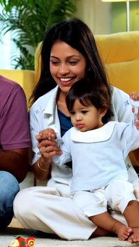 Indian Asian young parents dancing with twin infant babies to music on laptop screen during morning routine at home, engaging kids in fun audio visual learning activity with joyful family bonding