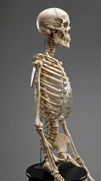 Human Skeleton Model Side View Sitting Pose - A detailed, realistic human skeleton model is shown in profile, seated upright.