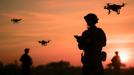Obraz premium The silhouette of the soldier operating military drones at sunset over a battlefield demonstrates modern warfare technology and strategy in action