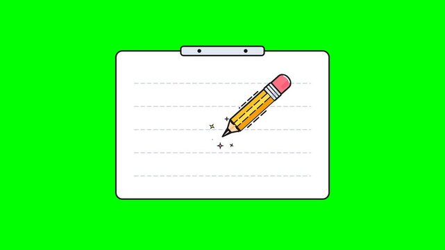 Animated Yellow Pencil Writing on a White Paper Notepad with Dotted Lines Against a Green Screen Background for Easy Chroma Keying Applications