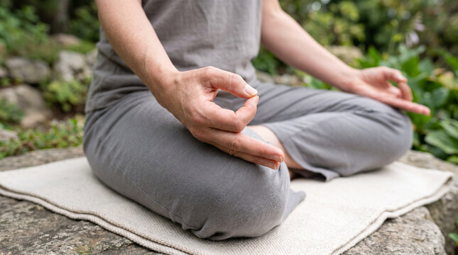 Person s hands resting in a meditation pose on their knees outdoors close up