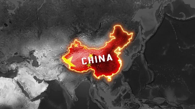 3D Dark Satellite Map Animation Highlighting China with Glowing Border, Flag Overlay, and Text Label