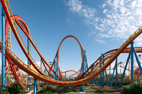 A theme park featuring a roller coaster with a bright sky, rendered in 3D using AI