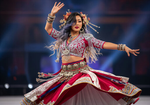 Graceful female dancer performing traditional Tari Piring plate dance in red costume