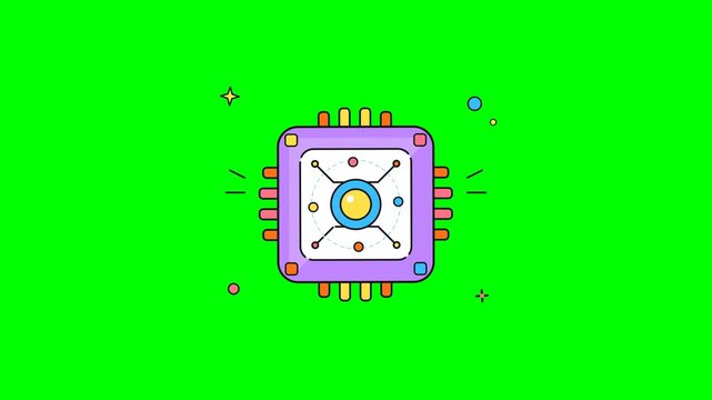 Colorful neural artificial intelligence core processor microchip icon in MBE style rotating on green screen for technology projects