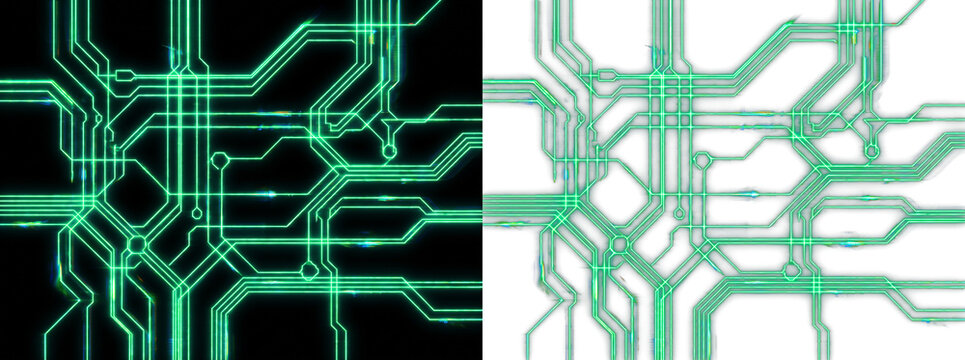 Circuit board pattern, green tech data background, digital network design, Transparent background