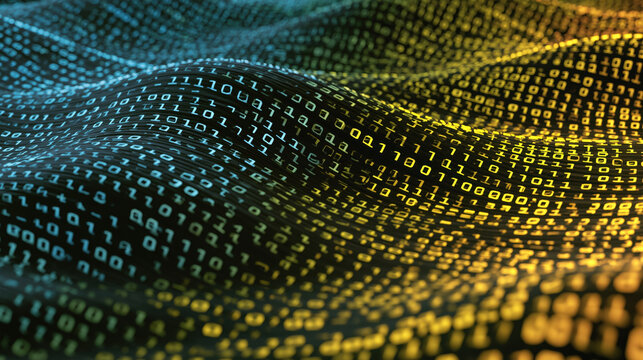 Binary code wave abstract digital pattern glowing data grid flowing number stream futuristic technology background blue yellow light curved mesh surface cyber matrix texture data code pattern