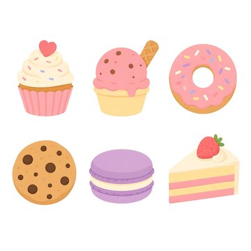 Flat lay assortment of colorful cartoon desserts including cupcakes, donuts, cookies, and cake slices