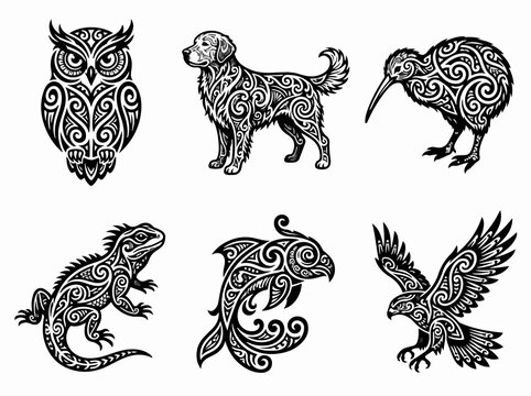Set of tribal style animal illustrations with intricate swirl patterns.