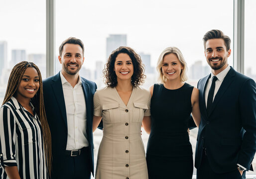 Diverse business people stand confidently in business attire. Smiling faces, pro poses. Successful, happy staff looking at camera in horizontal banner. Modern corporate