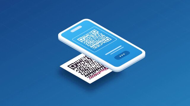 Modern isometric smartphone scanning a square QR code using a laser beam for digital transaction and data verification on blue.