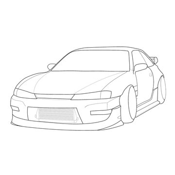 Minimalist line art illustration of a modern Japanese sports car with custom body kit and racing spoiler