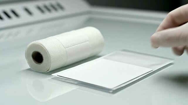 Close-Up of Clean Workspace with White Blank Card and Paper Towels on Glossy Surface for Professional Office Settings