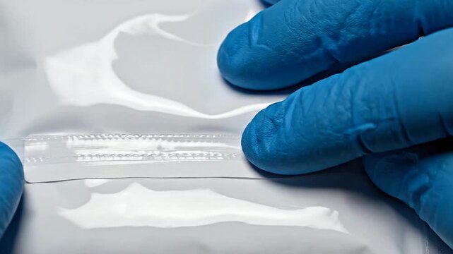 Close-Up of Gloved Hands Sealing Medical Packaging Material in a Professional Healthcare Environment