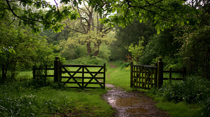 Obraz premium Rainy day view from a timber cottage overlooking a green pathway