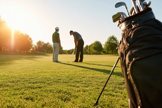 Golf players on a sunny afternoon golf course enjoying a leisure outdoor sport game