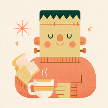 Cute Frankenstein monster holding coffee mug and bread slice flat illustration