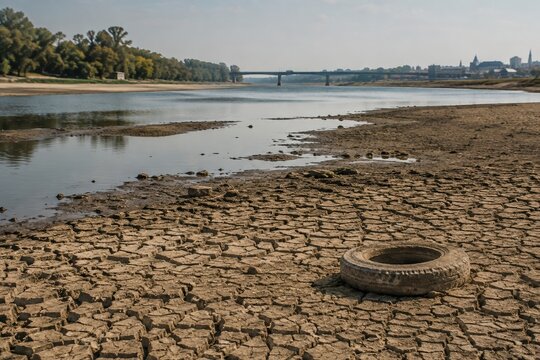 Drought-stricken river with extremely low water levels, cracked dry riverbed, and stranded buoy beneath a bridge, illustrating drought, water scarcity, climate change, and environmental crisis.