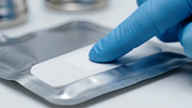 Close-Up View of Gloved Hand Touching Sterile Adhesive Bandage on Metal Tray in Clinical Healthcare Settings