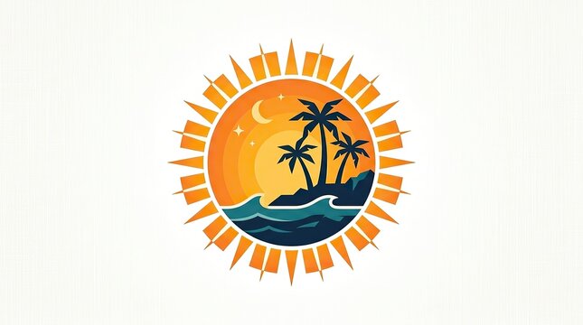 Vibrant tropical island sunset logo with palm tree and sailboat in golden sun circle design