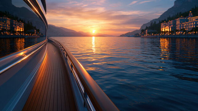 Sunset yacht deck on calm lake near mountain resort, luxury travel scene with glowing water and panoramic view