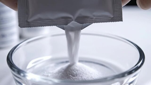 Extreme Macro Close-Up Of A Blank White Pet Grooming Sachet Being Poured Into A Bowl For Pet Care Industry Visuals