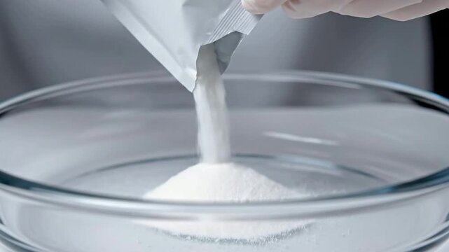 Extreme Macro Close-Up Of Hands Pouring White Probiotic Powder From A Sachet Into A Glass Bowl In A Laboratory Environment