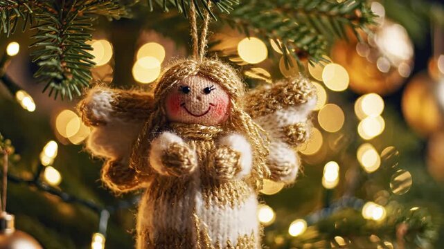 Knitted angel ornament on Christmas tree with gold bokeh lights