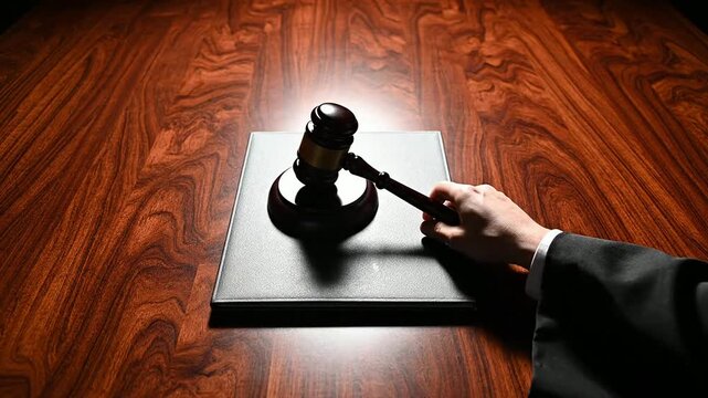 First-Person POV of a Judge Placing a Gavel Beside a Closed Book on a Polished Wooden Table Representing Justice and Authority