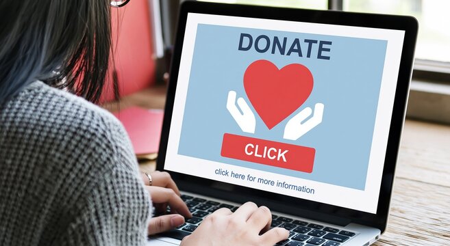 Donation online via laptop for charity giving support and philanthropy with heart