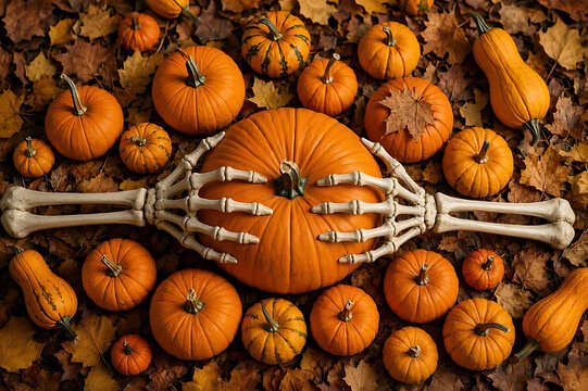 Top-down flat lay view of realistic skeleton hands reaching out and holding a large orange pumpkin surrounded by various autumn pumpkins, gourds, and dry fallen oak leaves.