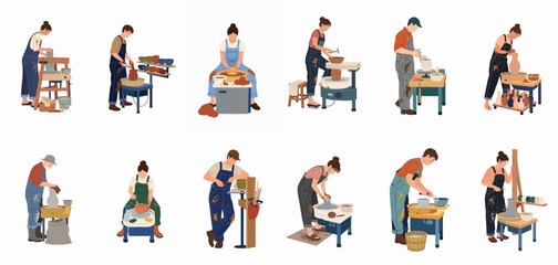 Fototapeta premium Flat vector illustration collection of various potters and ceramic artists working at their wheels and crafting handmade clay items in a studio workshop.