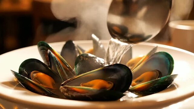 Macro Close-Up Of Cooked Mussels Plated In A Shallow Bowl Being Served With A Ladle In A Cozy Dining Environment Ideal For Seafood Cuisine Presentation