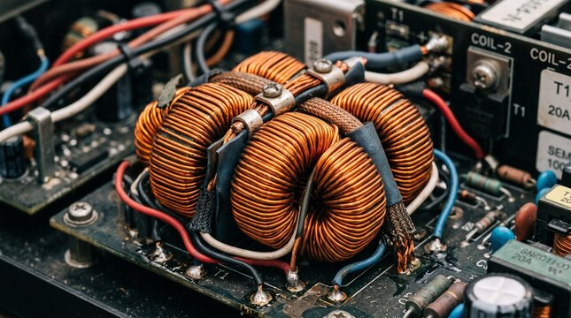 Close-up of copper wire toroidal inductor on electronic circuit board