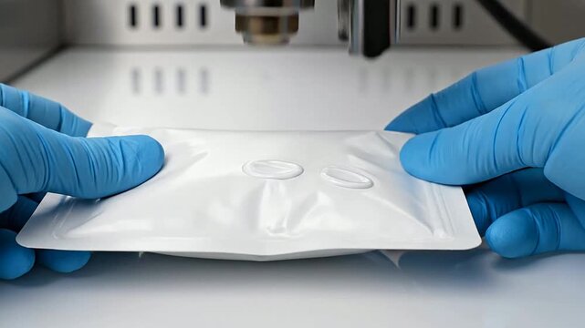 Macro Close-Up of Nutrition Powder Pouch Being Sealed with Modern Machinery in a Clean Laboratory Environment