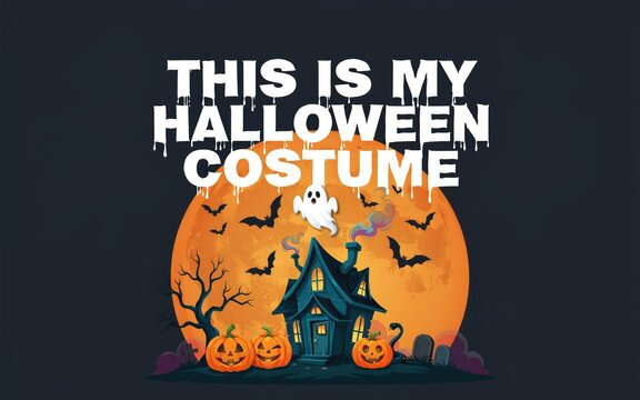 This is my halloween costume graphic design featuring a spooky haunted house and a full moon