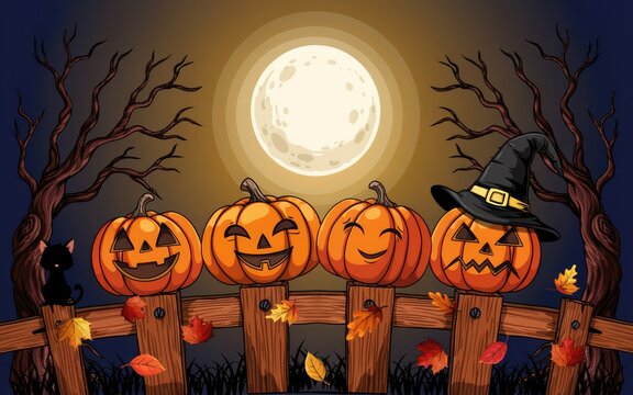 Spooky halloween background featuring glowing carved pumpkins on a wooden fence under a bright full moon