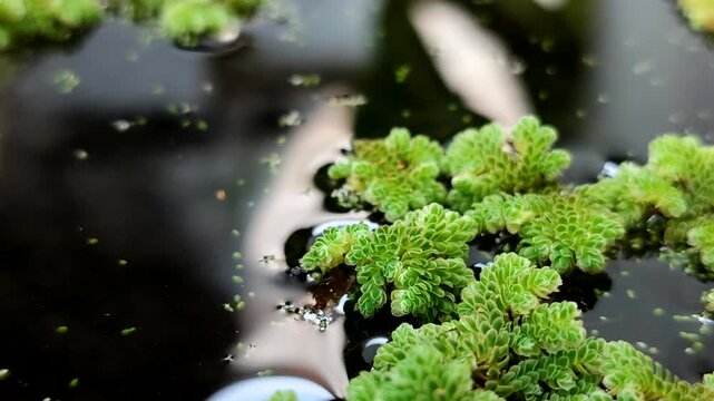 Azolla microphylla or Mexican mosquito fern or Azolla mexicana aquatic fern floating on water. This plant has a high plant-based protein content, making it ideal as animal feed